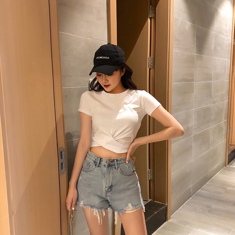 Áo CropTop Xoắn Eo Kiểu Bó Ôm Body - Áo Thun Nữ Cộc Tay Dáng Ngắn