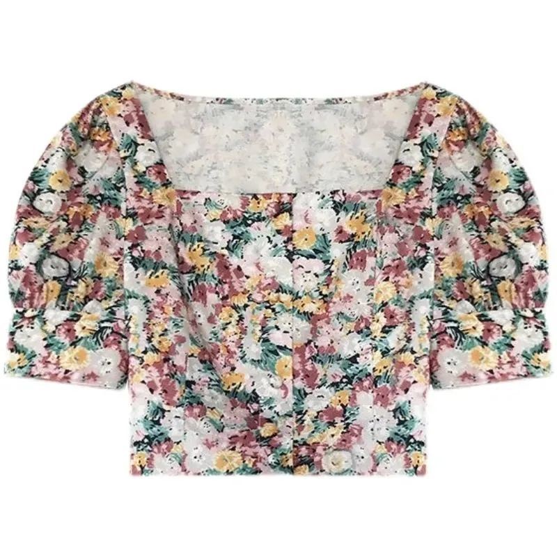 Áo kiểu COZOK tay phồng cổ vuông hở lưng họa tiết hoa phong cách cổ điển Hong Kong