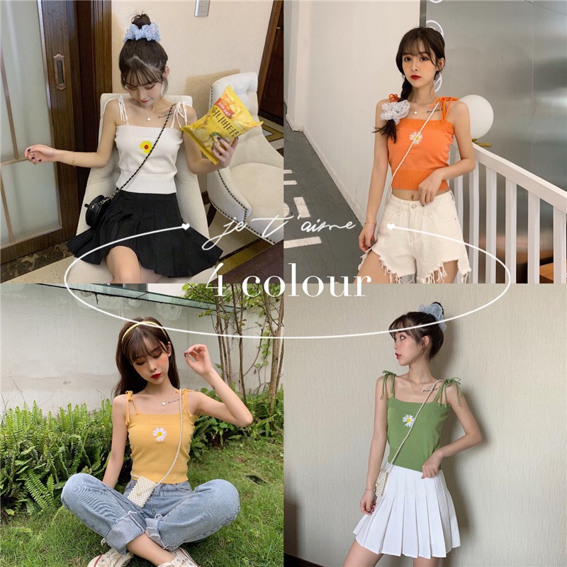 Áo hai dây nữ dệt kim thêu hoa cúc 9 màu phong cách Hàn Quốc
