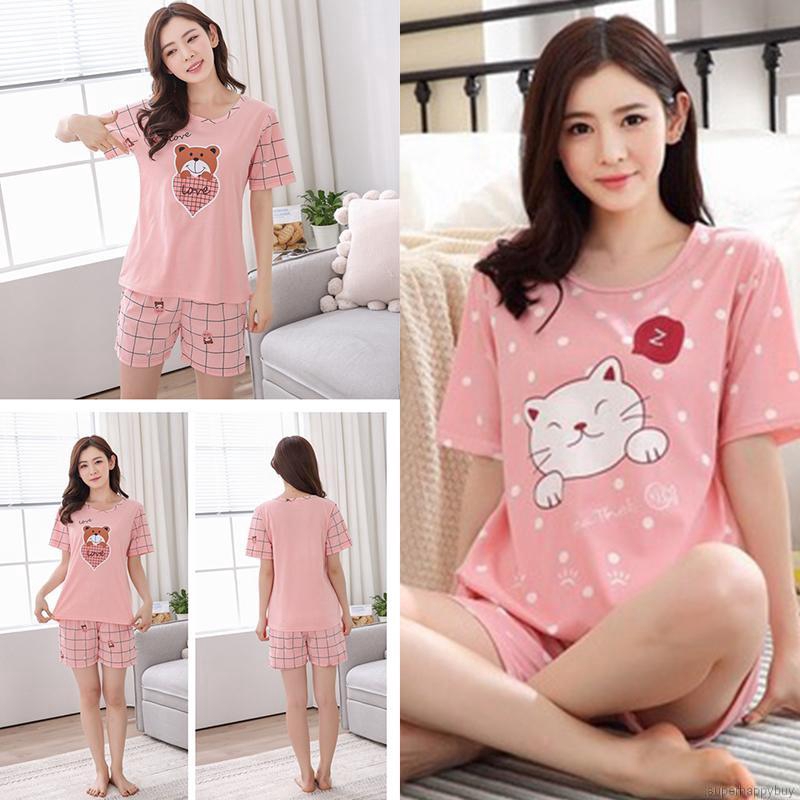 Đồ bộ mặc nhà ngắn tay dáng rộng in hình hoạt hình dễ thương cho nữ