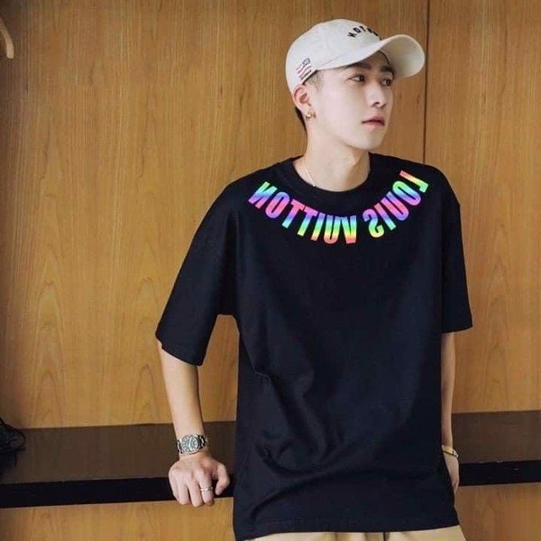 Áo thun tay lỡ unisex phản quang 7 màu Luôn Vui Tươi chữ vòng cổ MOSSSHOP - Áo phông nam nữ ulzzang form rộng 65kg