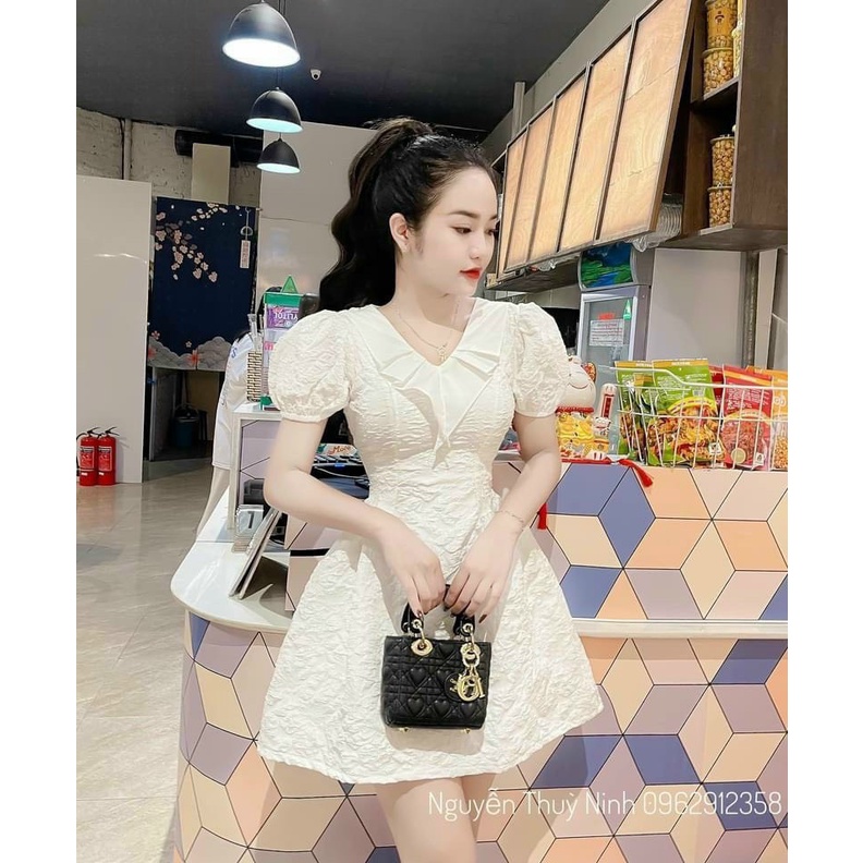 Váy dự tiệc chất gấm xốp hoa, Cổ bèo cực xinh, Thiết kế dáng xòe ngắn Bun Shop20
