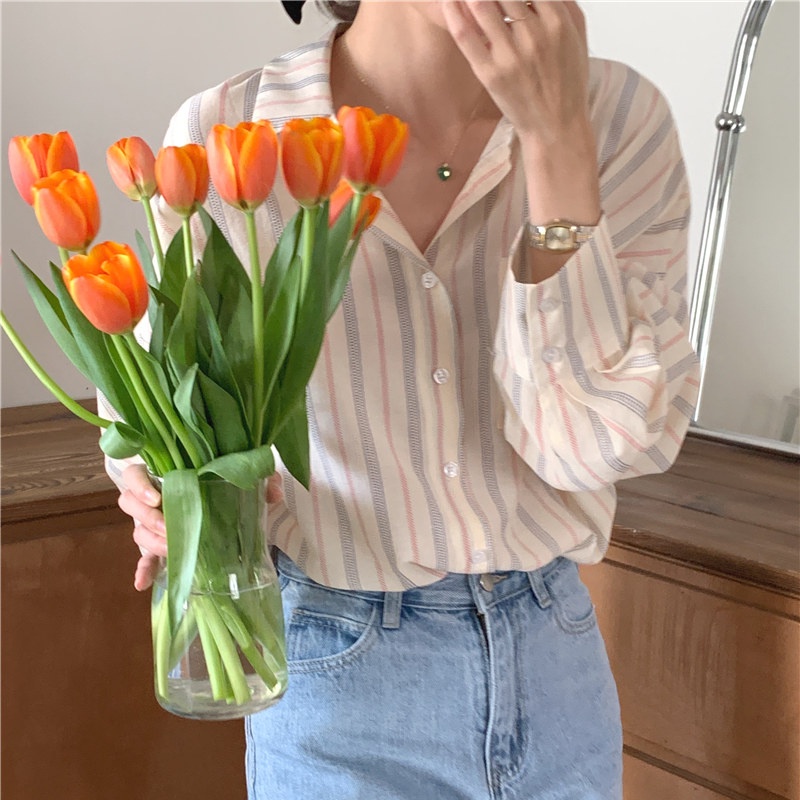 SUXI Sơ Mi Nữ Kẻ Sọc Dài Tay Thời Trang Hàn Quốc