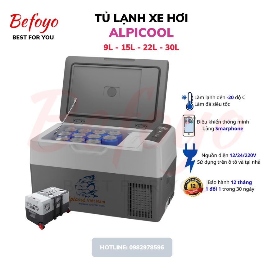 Tủ lạnh xe hơi Alpicool dung tích 9 - 15 -18 - 22 - 30 lít làm đá, trữ sữa, bảo quản mỹ phẩm, thực phẩm, đồ uống, bh 12m