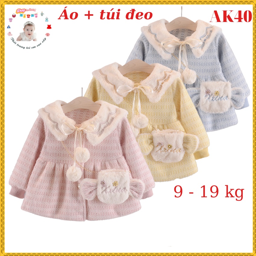 áo khoác len lông ấm áp bé gái size 9-20kg họa tiết cổ thêu tặng kèm túi đeo xinh xắn AK40