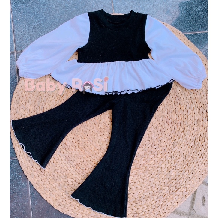 Sét áo tay phồng kèm quần ống loe thun gân cho bé gái