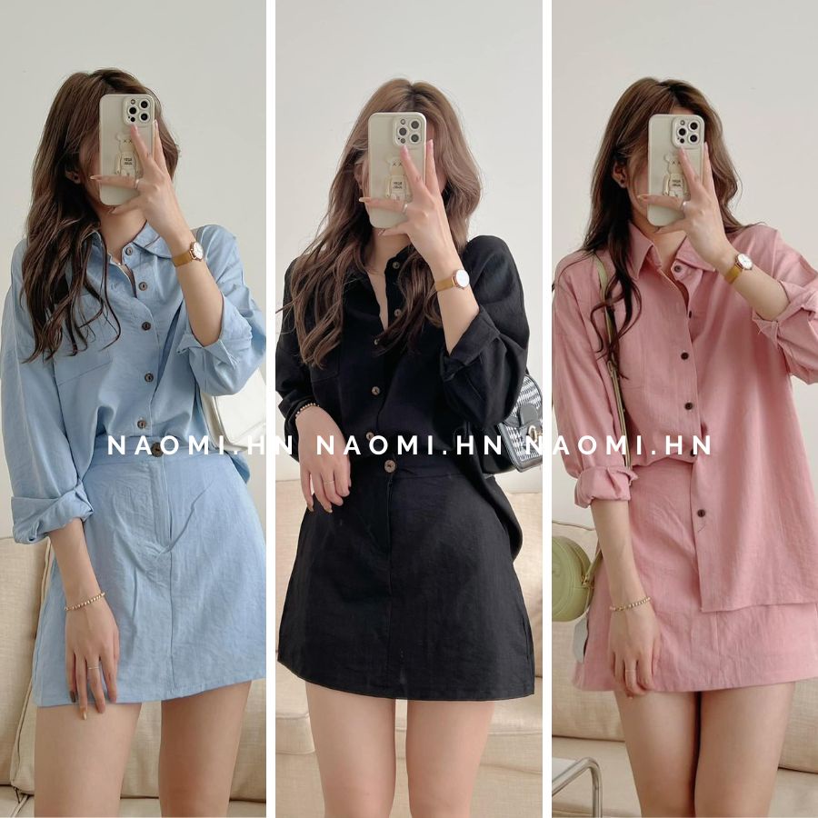 Set bộ đũi áo sơ mi dài tay kèm chân váy chữ A chun sau có quần bảo hộ. Set đồ nữ áo sơ mi cổ đức kèm váy nhiều màu