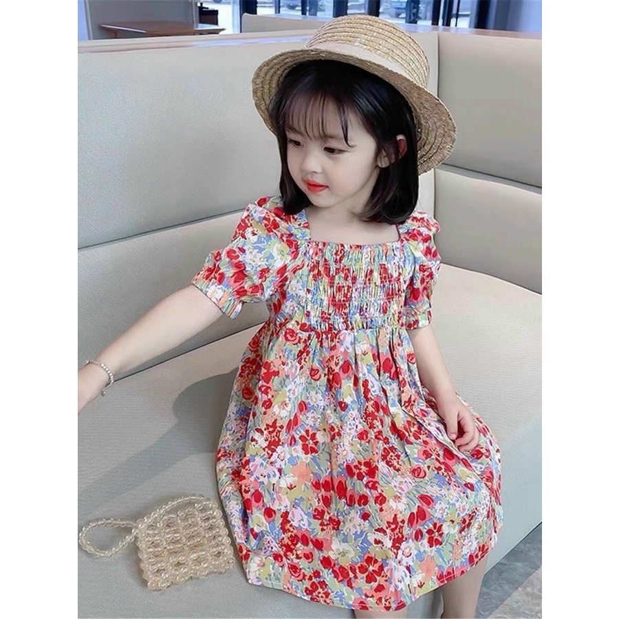 Đầm cho bé gái HML (10-42kg) hoa nhí CHUN NHÚN, Váy cho bé gái 1,2,3,4,5,6,7,8,9,10 tuổi size đại mã A32
