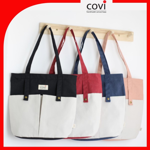 Túi vải canvas, túi tote đựng giấy A4 phom đứng phối 2 nút trước thời trang COVI nhiều màu sắc T8