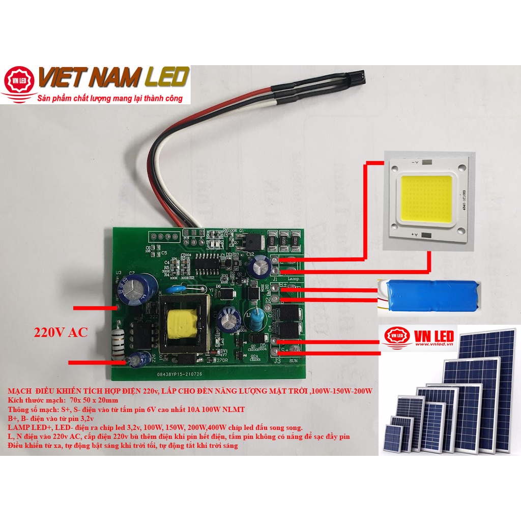 MẠCH  ĐIỀU KHIỂN TÍCH HỢP ĐIỆN 220v, LẮP CHO ĐÈN NĂNG LƯỢNG MẶT TRỜI ,100W-150W-200W