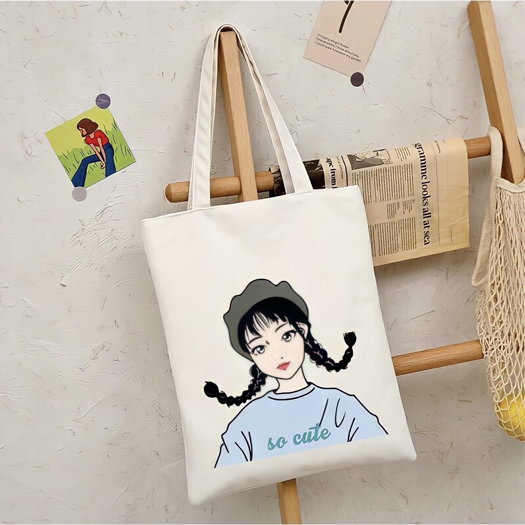 Túi tote túi vải canvas phong cách Hàn Quốc hoạ tiết cô gái và hoa đáng yêu Thanhthushop68 554