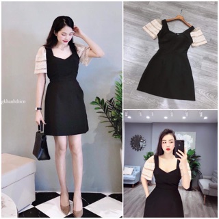 Bán sỉ đầm xoè A cổ vuông pha tay voan bồng