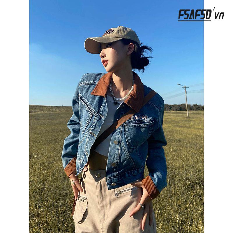 Áo Khoác Denim Tay Dài Dáng Rộng Phong Cách Thời Trang Retro Mỹ