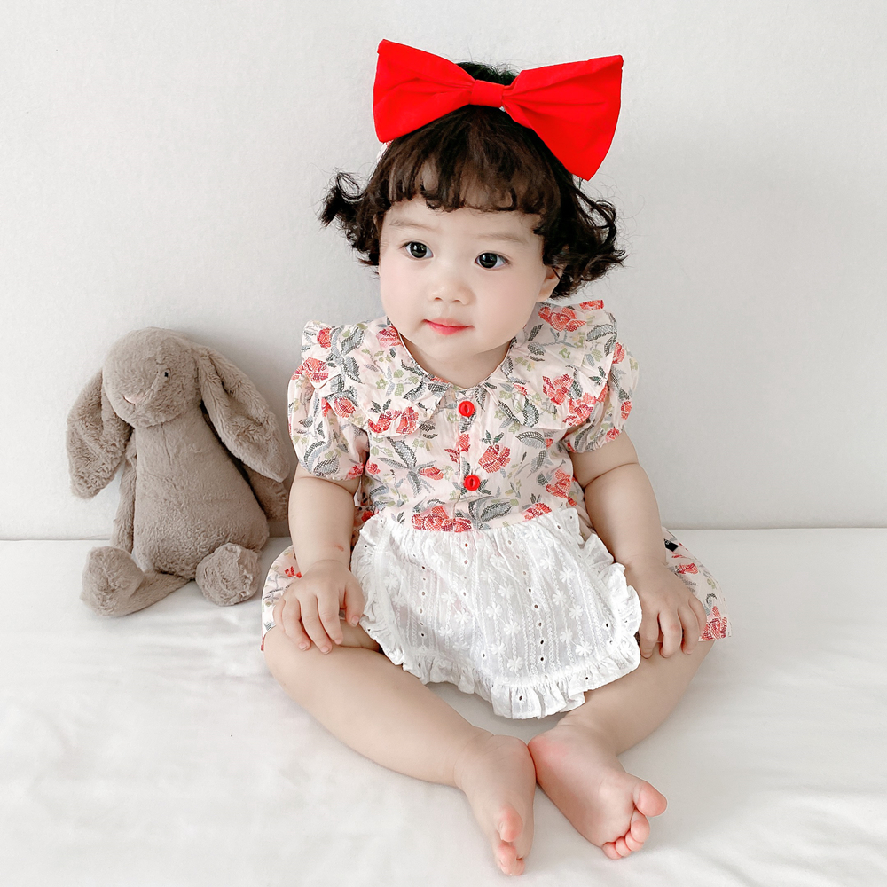 Bộ áo liền quần tay ngắn hoạ tiết hoa + băng đô cài tóc xinh xắn dành cho bé