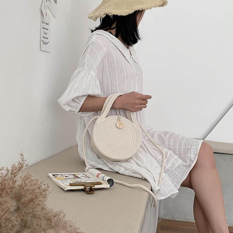 Túi đeo vai IELGY đan rơm hình tròn cỡ nhỏ thời trang đi biển xinh xắn cho nữ