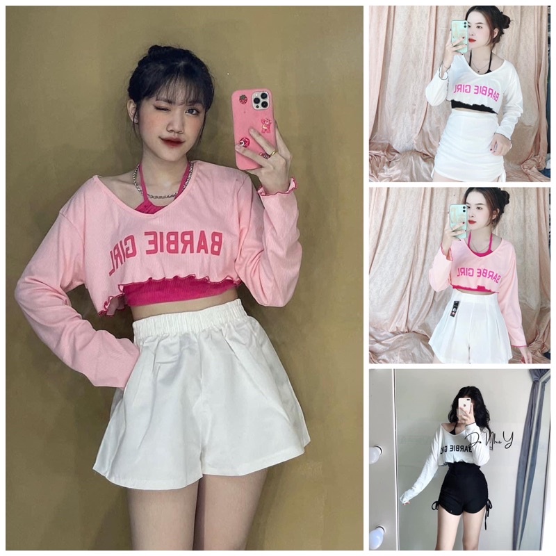 Set áo croptop chạy viền Barbie girl cute set áo dây vào áo khoác
