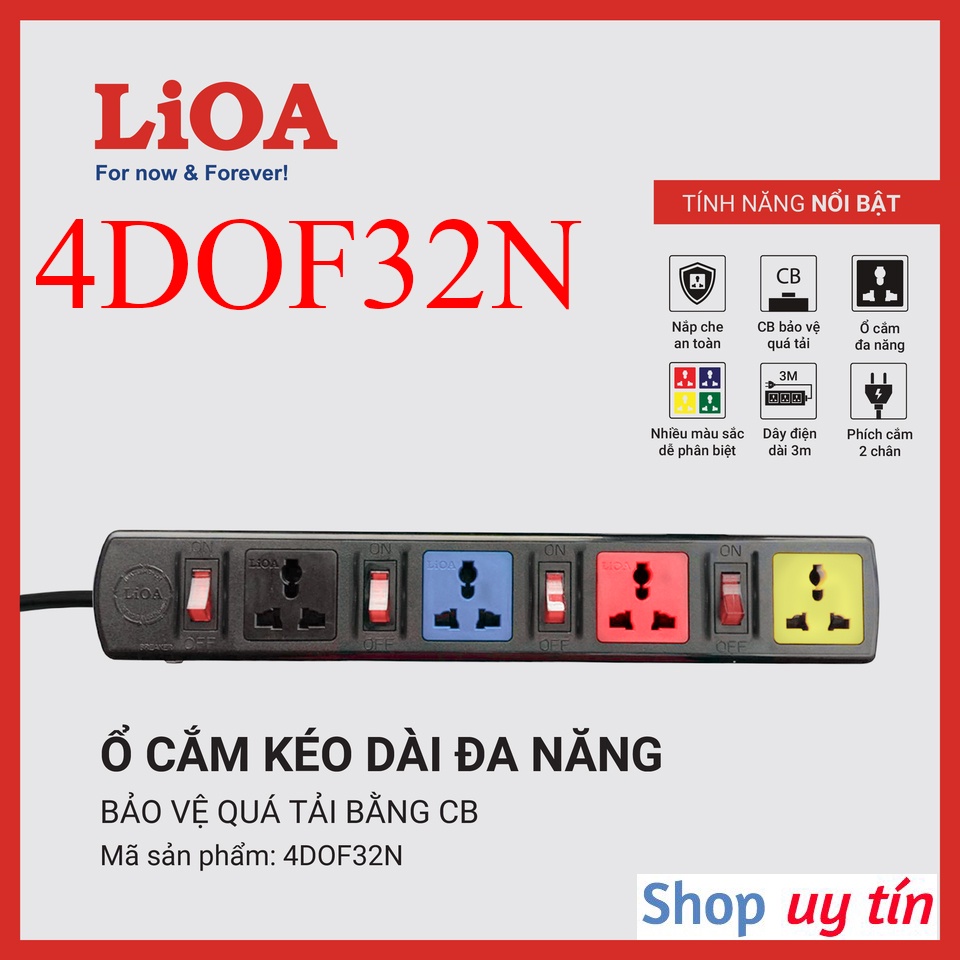 [CHÍNH HÃNG] Ổ cắm điện LiOA 4 lỗ 4 ổ cắm 4 công tắc 4DOF32N kéo dài 3m có công tắc riêng