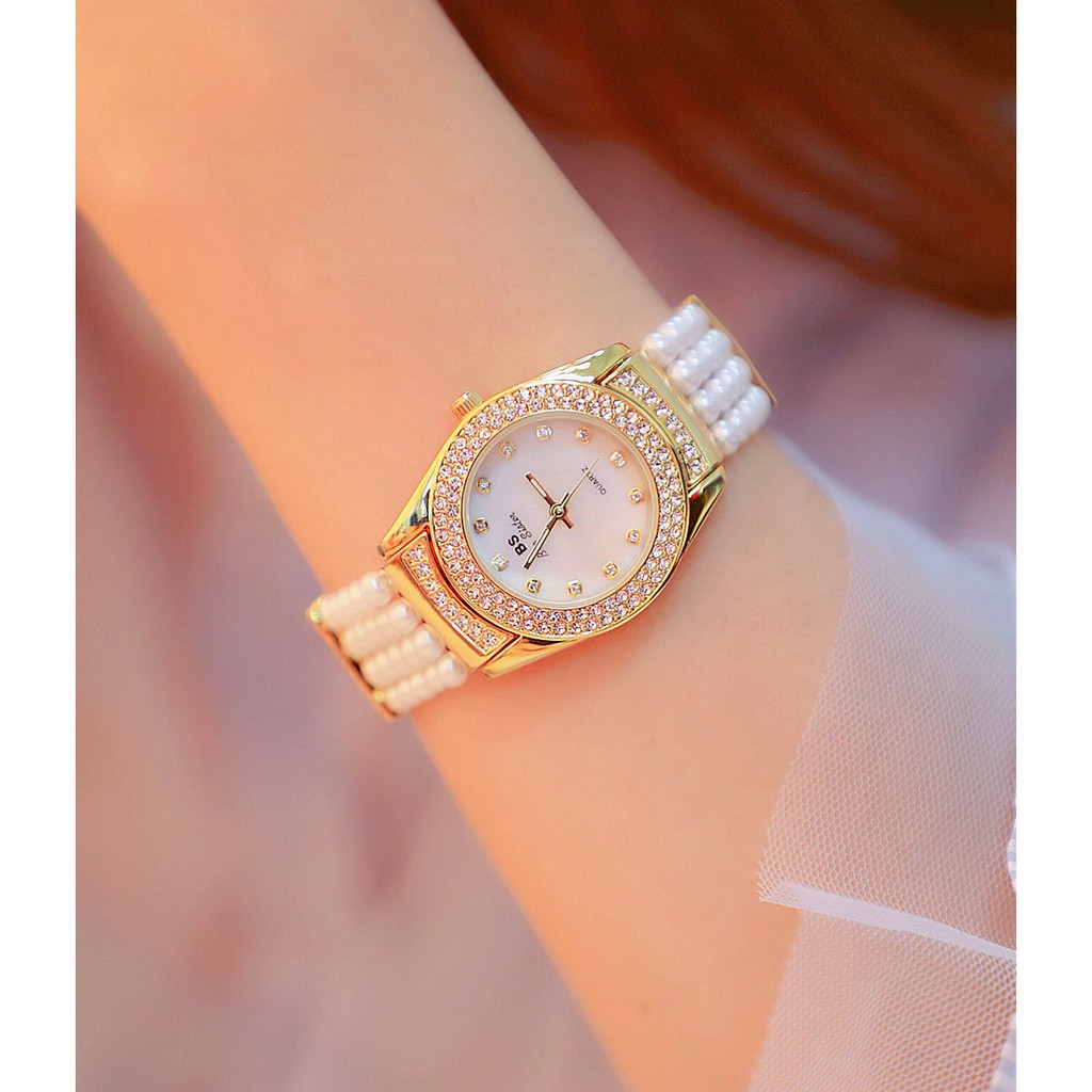 Đồng hồ nữ chính hàng Bee Sister cao cấp, dây ngọc trai và viền vàng, đính đá lấp lánh như kim cương | BigBuy360 - bigbuy360.vn