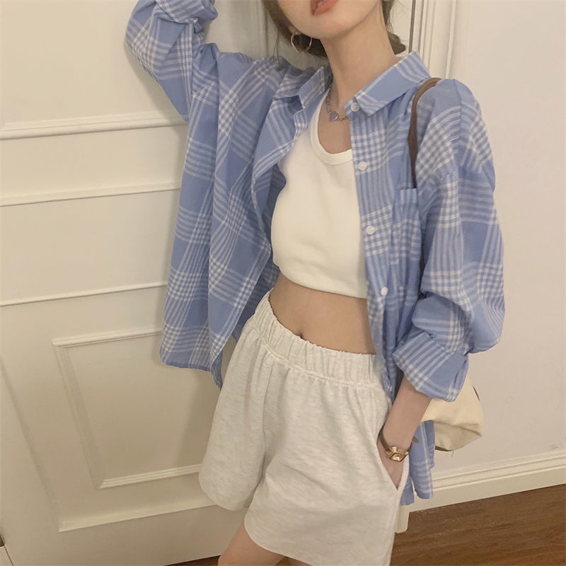 Áo sơ mi tay dài dáng rộng họa tiết sọc caro phong cách Hàn Quốc thời trang cho nữ