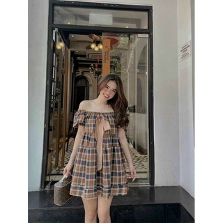 Đầm trễ vai caro nơ