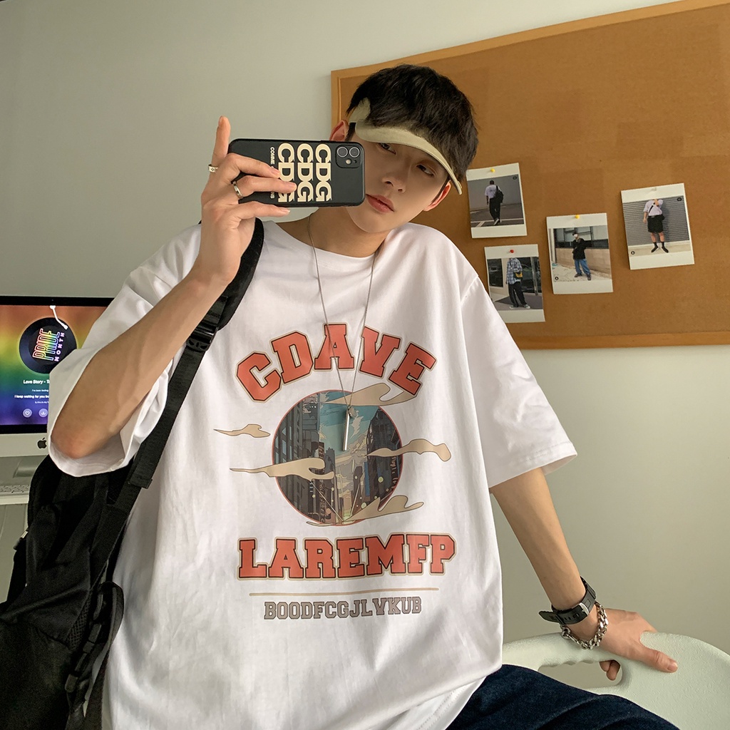 Áo thun tay ngắn cổ tròn dáng rộng in chữ phong cách đường phố Hàn Quốc cho nam size lớn S-8XL