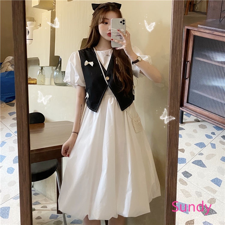 Plus Set Áo Tay Phồng + Đầm Phong Cách Retro Pháp Cho Nữ