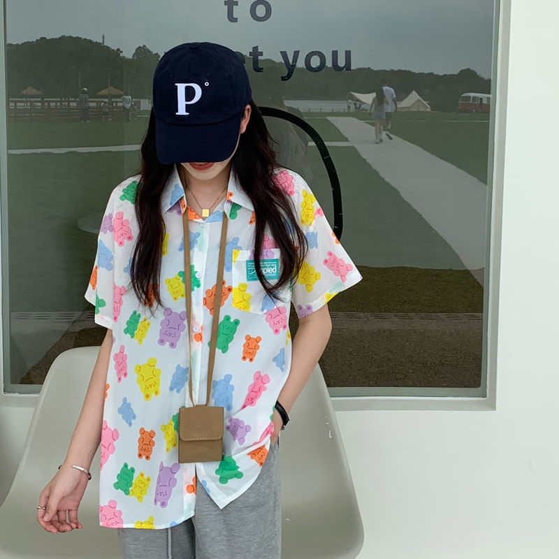 IELGY Áo sơ mi chiffon IELGY mỏng tay ngắn dáng rộng kiểu Hàn Quốc cho nữ