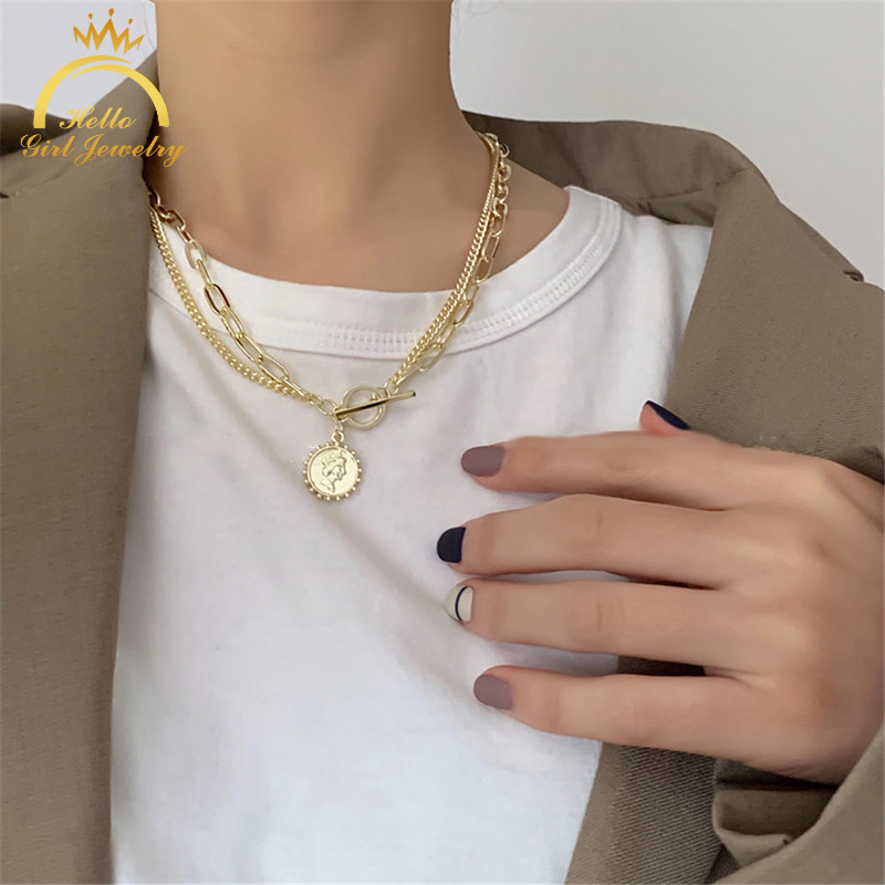 Vòng cổ Hai Lớp Mặt Hình Đầu Người Phong Cách Hip Hop Thời Trang Cho Nữ
