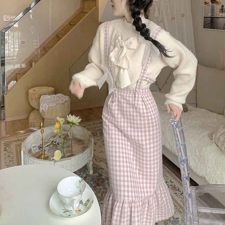 Set áo sweater dáng rộng + chân váy yếm thời trang thu đông mới cho nữ