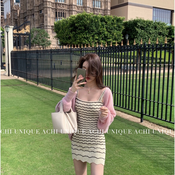 Đầm dệt kim SUXI cổ vuông không tay họa tiết kẻ sọc thời trang mùa hè cho nữ