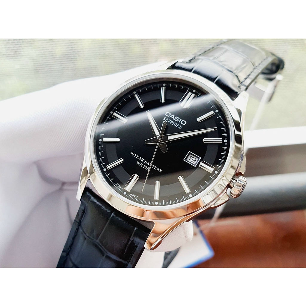 Đồng hồ nam dây da mặt đen Casio MTS 100L-1AV kính Sapphire - Pin 10 năm Bảo hành 1 năm Hyma watch
