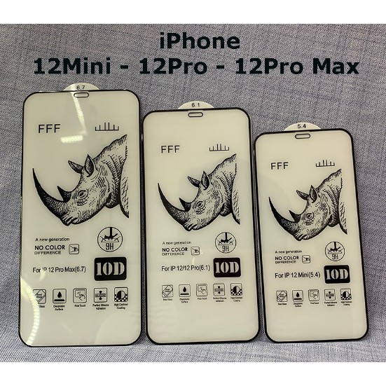 Kính cường lực 10D tê giác iPhone 12 Mini, 12, 12 Pro Max, 11, 11 Pro, 11 Pro Max, Xs Max, XR, XS, 7+, 8+, SE, 7 ,8, 6+
