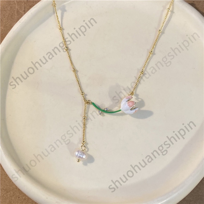 Dây Chuyền Mặt Hoa Tulip Đính Ngọc Trai Nhân Tạo Thanh Lịch