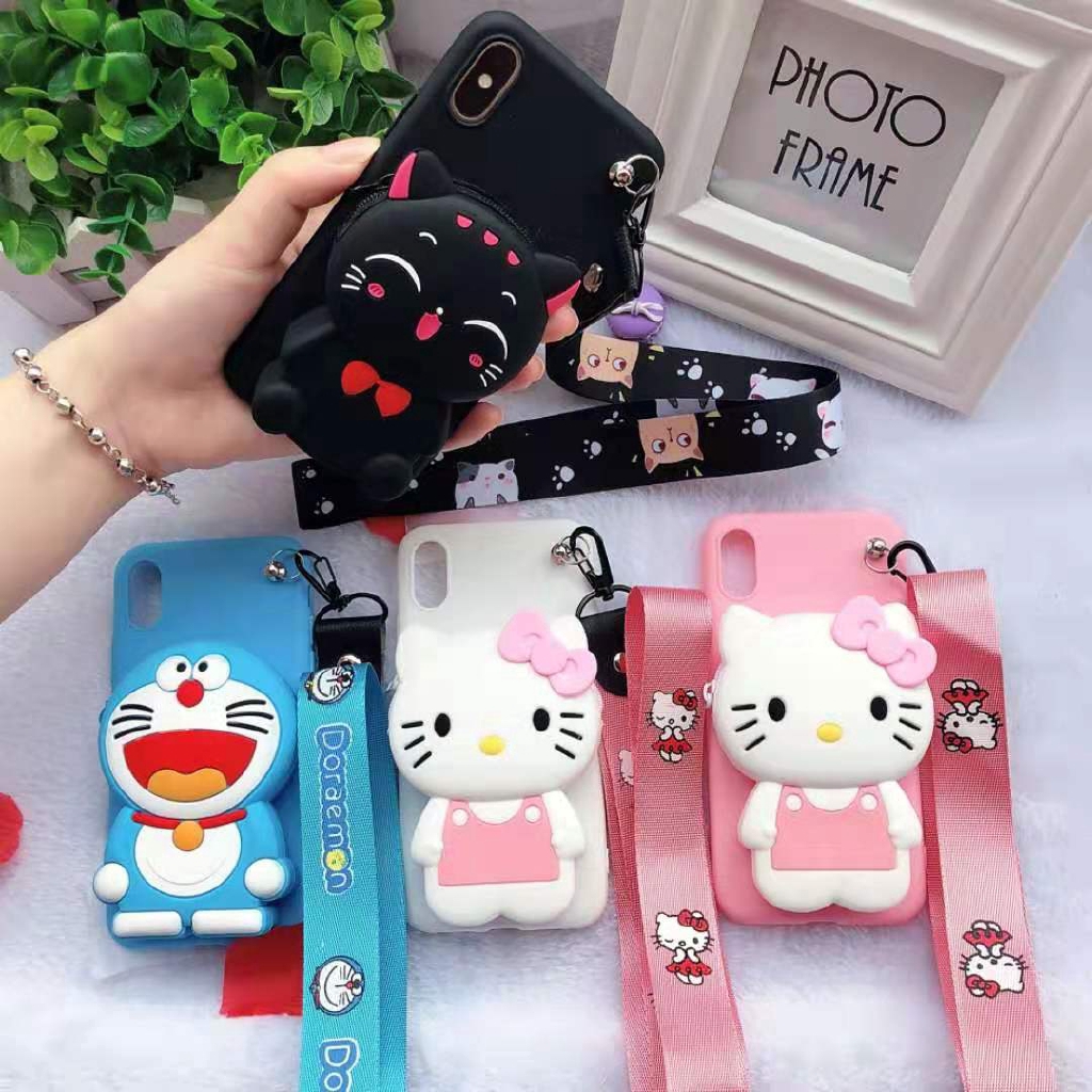 VIVO Y19 Y17 Y12 Y71 Y91 Y93 Y95 V7 Plus Y73 Y15 Dễ thương Cartoon Hellokitty Doraemon Ví dây đeo Vỏ điện thoại