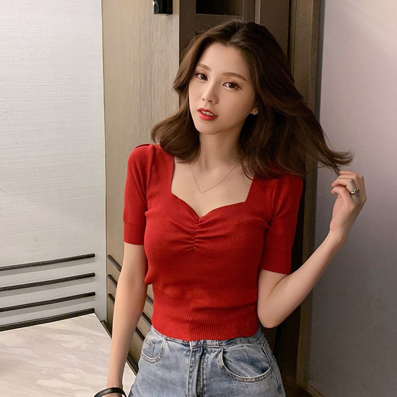 Women's Korean The Square Collar Pleated Short-Sleeved Sweater