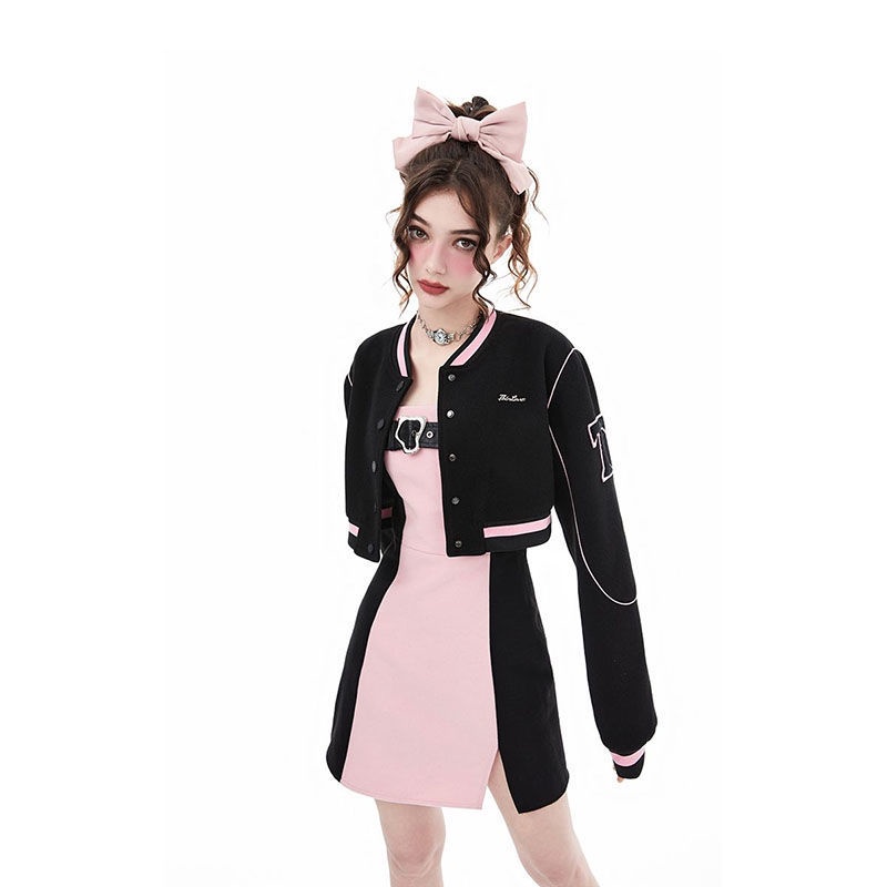 Set Đầm Hai Dây Phối Áo Khoác Màu Sắc Tương Phản Thời Trang Mùa Thu Cho Nữ