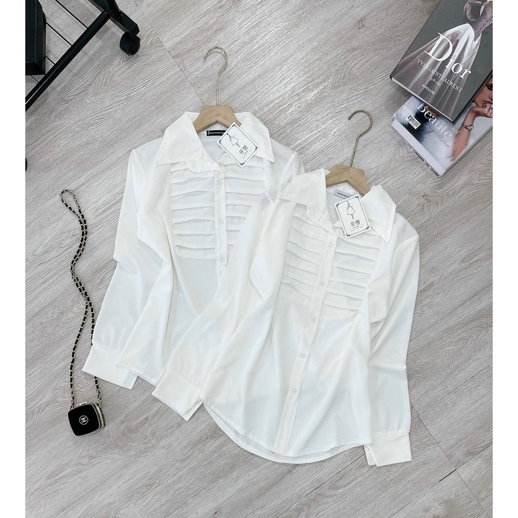 Áo sơ mi chữ C xanh nữ đẹp kiểu form rộng tay dài hình thêu. ZADOLA FASHION