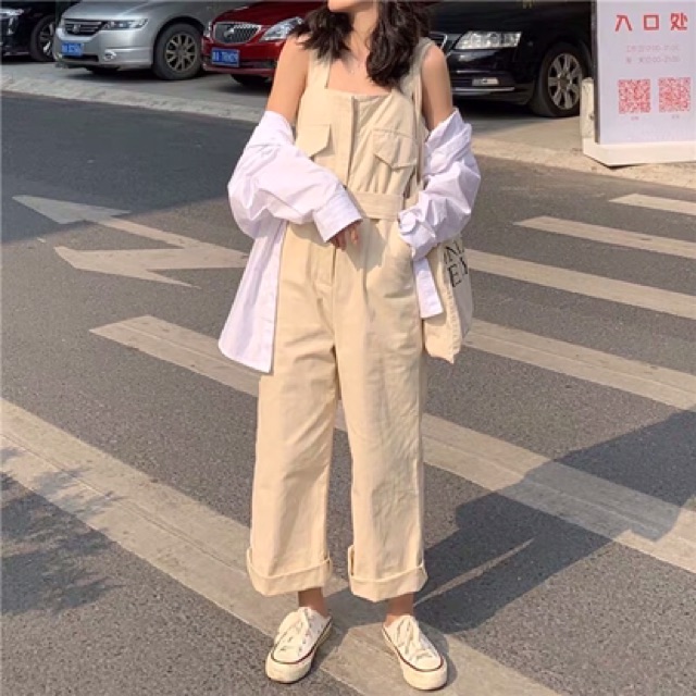 Quần yếm kaki Ulzzang 2 dây ống suông rộng / jumpsuit áo liền quần chất kaki ống rộng