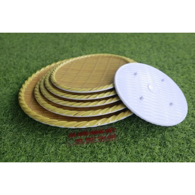 Dĩa 29cm tròn nhựa melamine phíp hoa văn mây đan , Dĩa tre  - Bamboo shaped plate lá tre F-DTR09