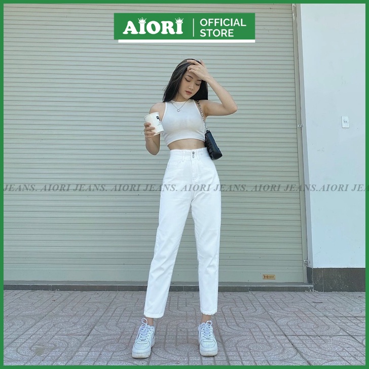 Quần Jean Nữ Aiori Lưng Cao Baggy Bò Trơn Màu Trắng Phong Cách Thời Trang_Mã B018