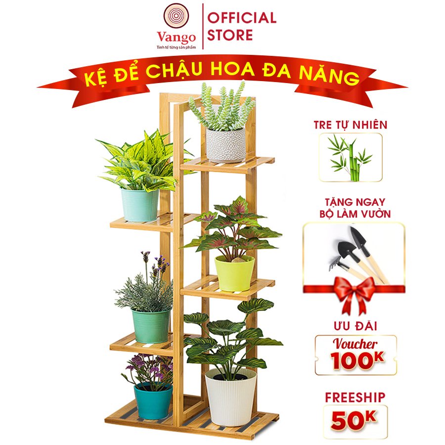 Giá kệ để chậu hoa, cây cảnh, để đồ đa năng bằng gỗ tre tự nhiên Vango V17 sang trọng, hiện đại, sơn phủ bóng chống nước