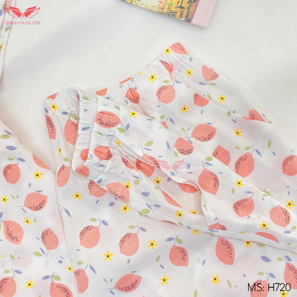 Bộ pijama mặc nhà nữ VINGO tay cộc quần cộc vải tơ đũi mềm mát mùa Hè họa tiết quả chanh hồng dễ thương H720 VNGO