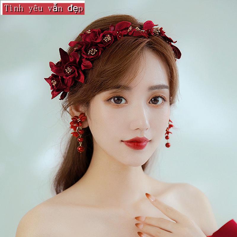 Băng đô cài tóc đính hoa màu đỏ phong cách Hàn Quốc cổ điển thời trang mới cho cô dâu