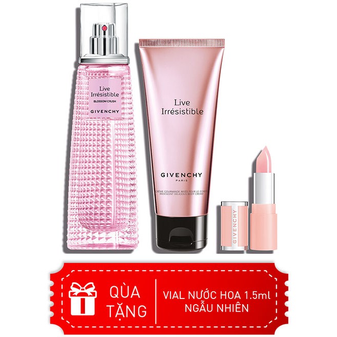 Bộ nước hoa Nữ Givenchy Gift Set Live Irresistible Blossom Crush EDT 50ml + Body Cream 75ml + Le Rouge Perfecto No1