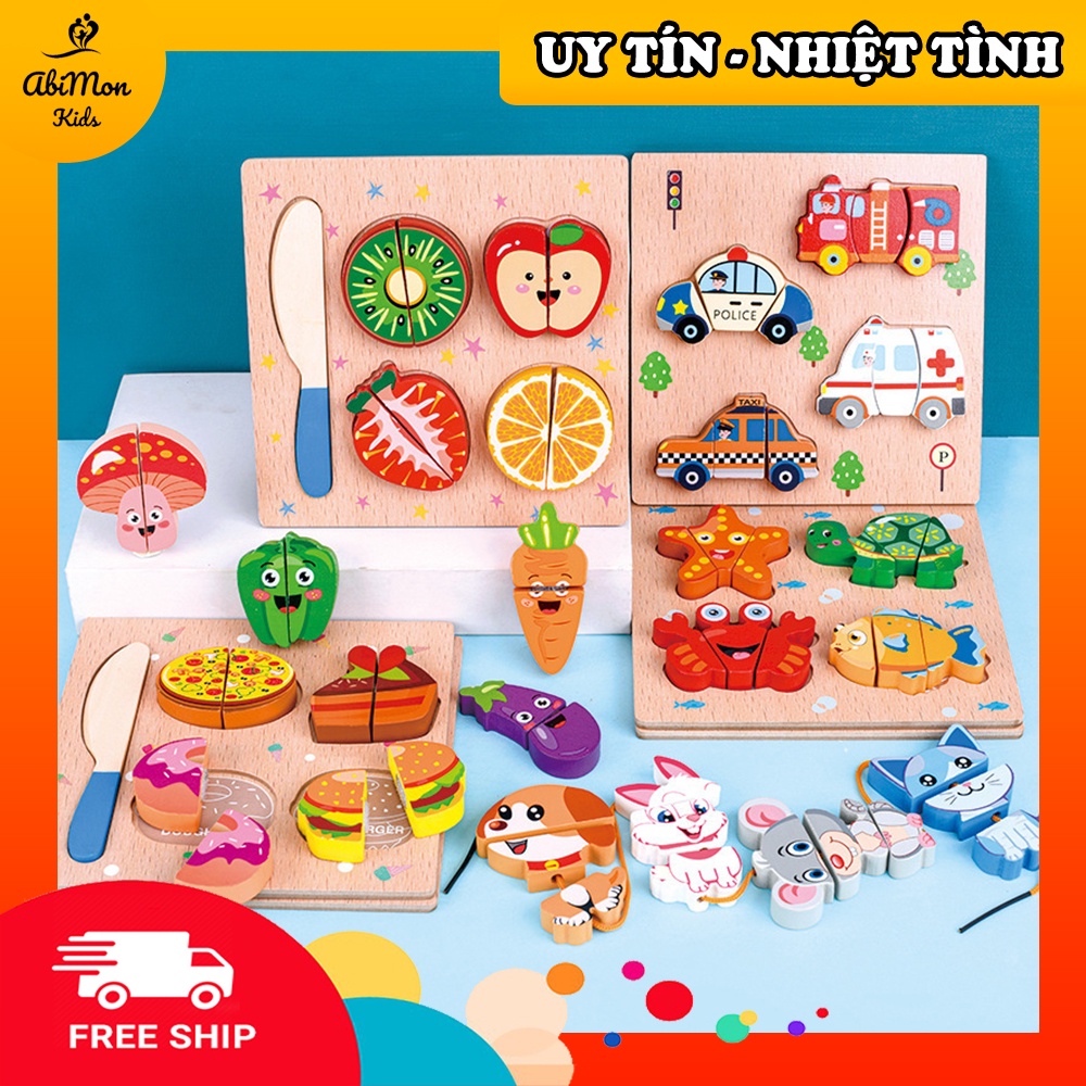 Bộ Cắt Hoa Quả, Đồ Vật Bằng Gỗ Cho Bé (mẫu vuông) ☘️ Montessori cao cấp ✨ Đồ chơi Gỗ - Giáo Dục - An toàn - Thông minh