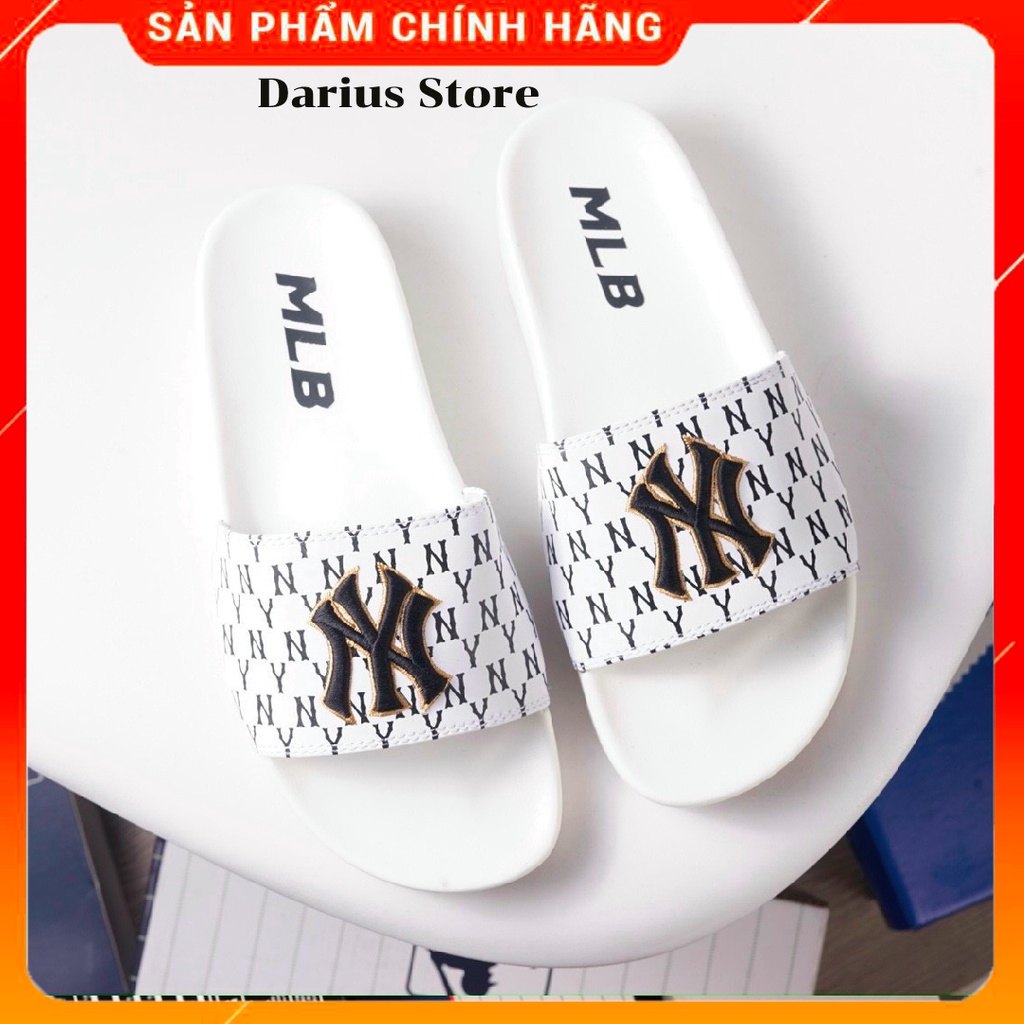 Dép 𝗠.𝗟.𝗕 𝗡𝗬 Quai Ngang Nam Nữ Unisex Siêu Hot Trend đủ size [ Fullbox + Hỗ trợ đổi size ] - Logo Thêu Màu Trắng Đen NY