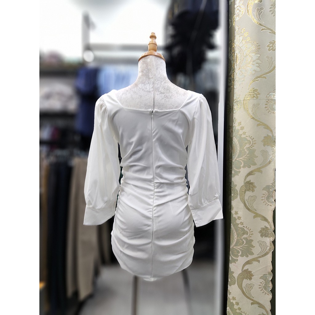 Đầm Cổ Vuông Tay Phồng Thân Nhún CHICO Vải Đũi Co Giãn