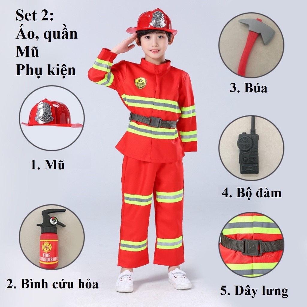 ♨(CÓ SẴN) Bộ Đồ Hóa Trang Lính Cứu Hỏa Cho Trẻ Em và Người Lớn, Phục Bé