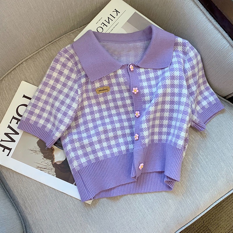 Áo sweater Dệt Kim Tay Ngắn Họa Tiết Sọc Caro Màu Tím Phong Cách Hàn Quốc Thời Trang Mùa Xuân Cho Nữ