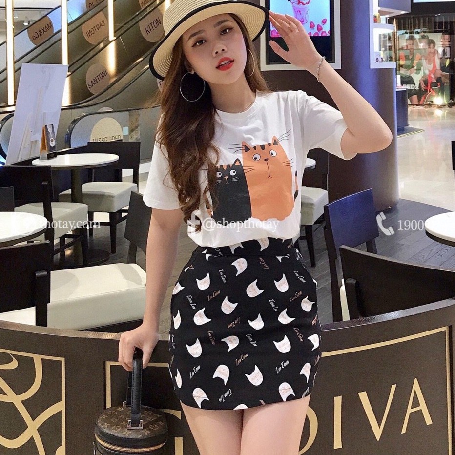Set Bộ Chân Váy Áo Thun Hình Mèo Con So Cute EVA SET 10045